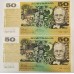 AUSTRALIA 1973 . FIFTY 50 DOLLARS BANKNOTE . PHILLIPS/WHEELER . ERROR . INK TRANSFER . CONSEC PAIR